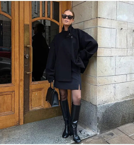 Women Fashion Stand Collar Woolen Jacket Single Breasted Long Sleeve Female Coat 2025 Autumn Chic Street Office Short Outerwears