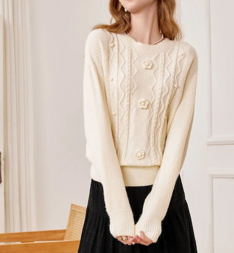 Fashion Women's Clothing 2025 Autumn  Winter New Style Temperament Reducing Loose Flower Embroidered Round Neck Sweater Knit Top