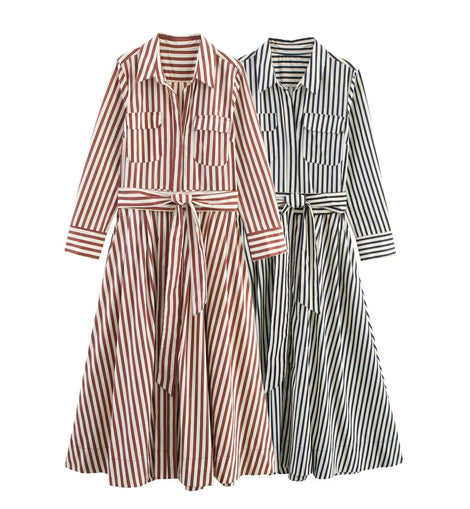 Women's clothing new autumn 2025 European and American fashion temperament casual striped shirt style dress
