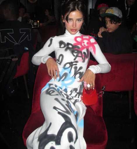 Women's Clothing 2025 New Fashion Fashionable High-neck Color-blocked Graffiti Long-sleeved Hip-hugging Close-fitting Long Dress
