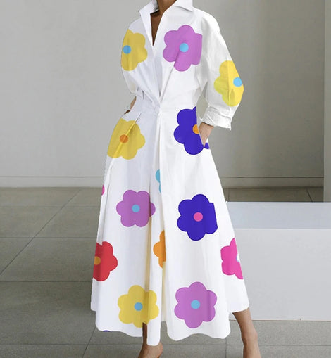 Fashion Dress Women Spring New Long Sleeve Turn-down Collar High Waist Print Button Elegant Big Hem Loose Commute Female Dress