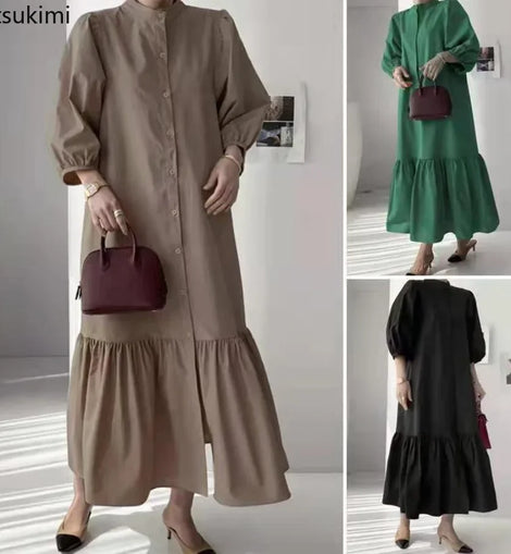 Fashion Summer Dress for Women Vintage Ruffles Hem Cardigan Long Dresses Women Elegant Casual Sundress Party Vestidos Robe Femme