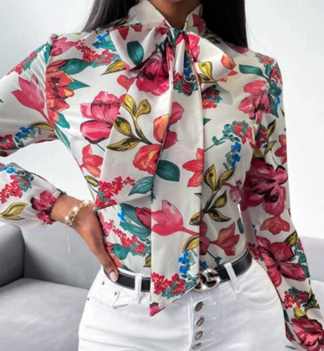 Women's Fashion Work Clothes Floral Print Bow Tie Shirt Fashion Office Dress up Women's Business Casual Clothing
