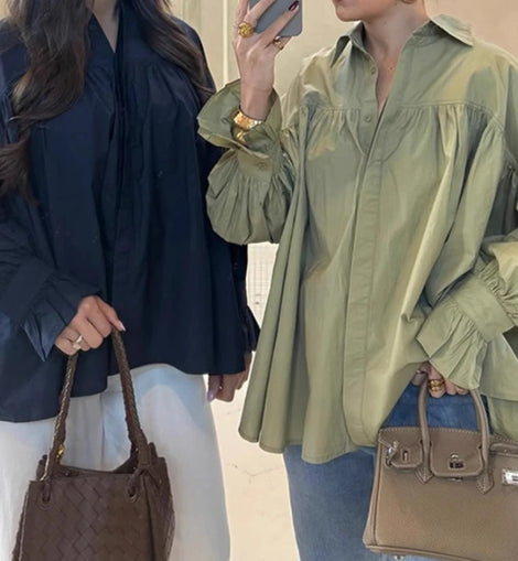 Women's Fashion 2025, Two-color Chiffon Shirt with Drop Shoulder, Lantern Long Sleeves, Loose Fit, Single-breasted.