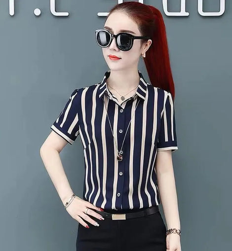 Fashion Women Spring Summer Style Blouses Shirts Lady Casual Office Work Wear OL Short Sleeve Striped Blusas Tops